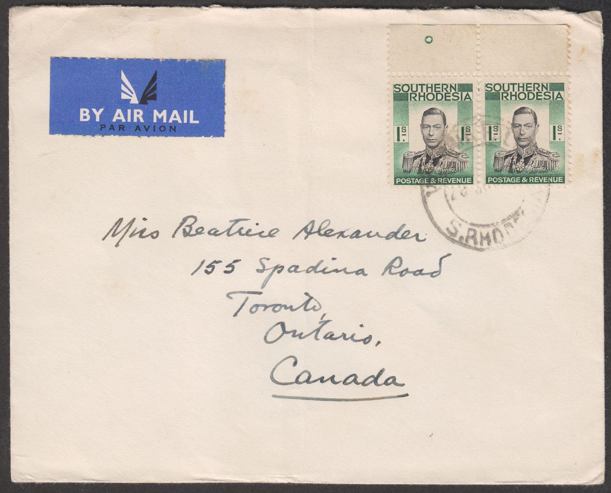 Southern Rhodesia KGVI 1sh x 2 Used on Cover Victoria Falls to Toronto, Canada