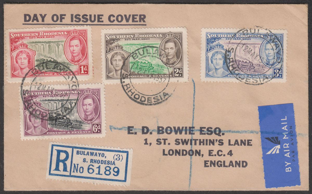 Southern Rhodesia 1937 KGVI Coronation Registered First Day Cover Bulawayo to UK