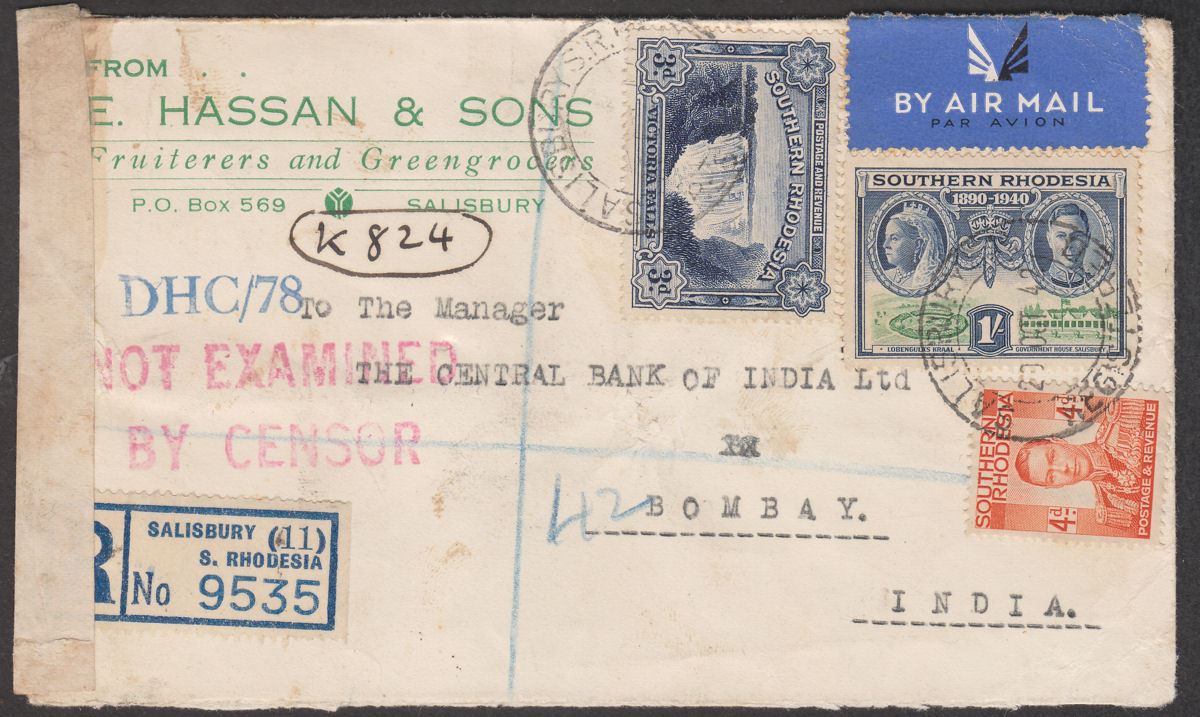 Southern Rhodesia 1942 KGVI 1sh, 4d, 3d Regd Censor Airmail Cover Used to India 