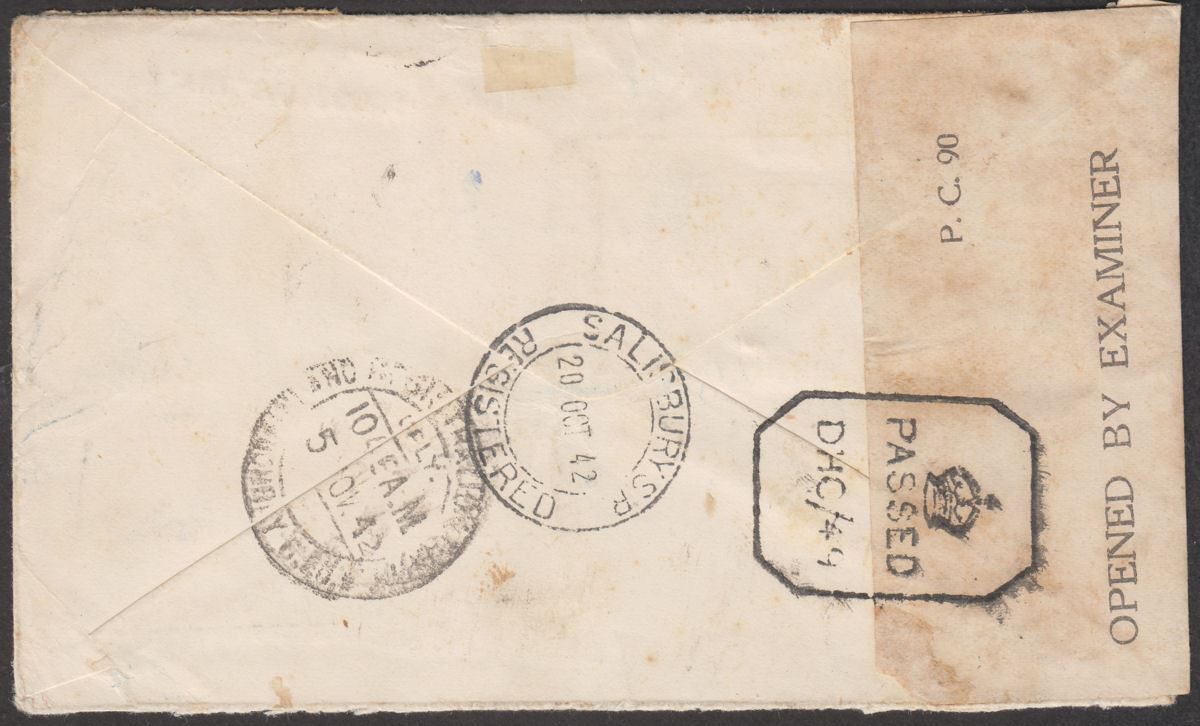 Southern Rhodesia 1942 KGVI 1sh, 4d, 3d Regd Censor Airmail Cover Used to India 