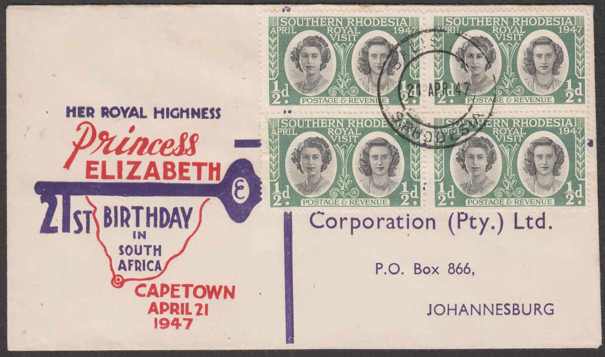 Southern Rhodesia 1947 KGVI Royal Visit ½d x4 on HRH 21st Birthday Cover