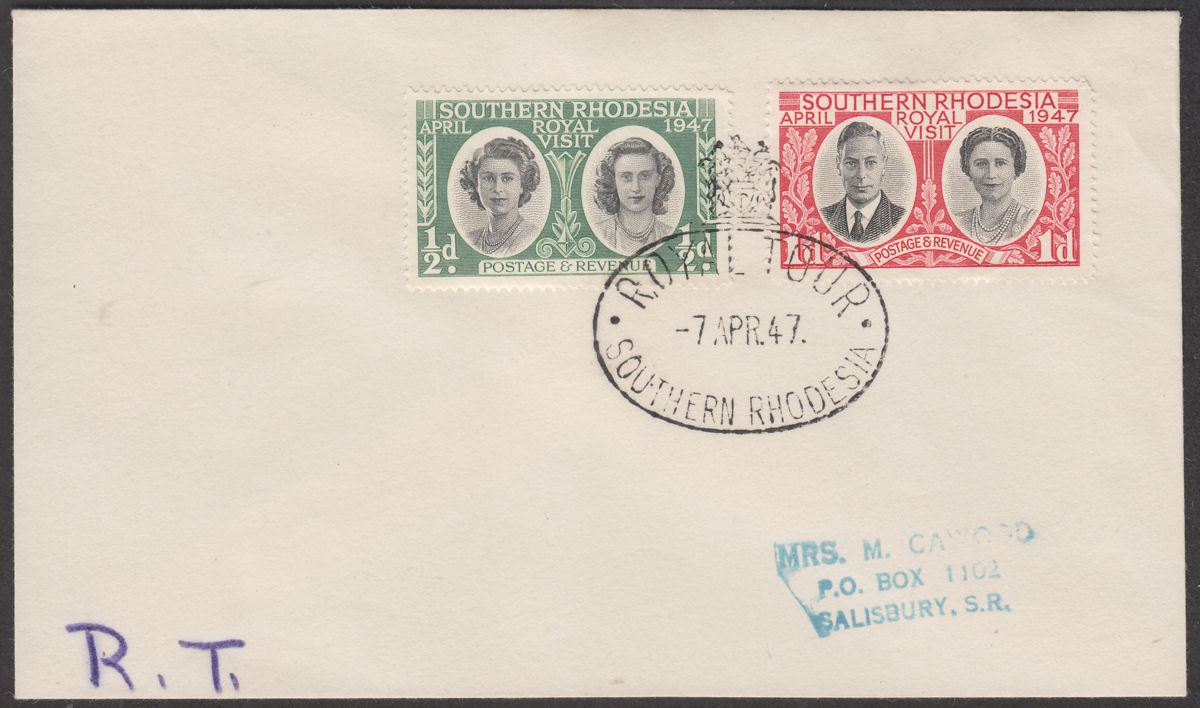 Southern Rhodesia 1947 KGVI Royal Visit ½d, 1d Used Cover w Royal Tour Postmark