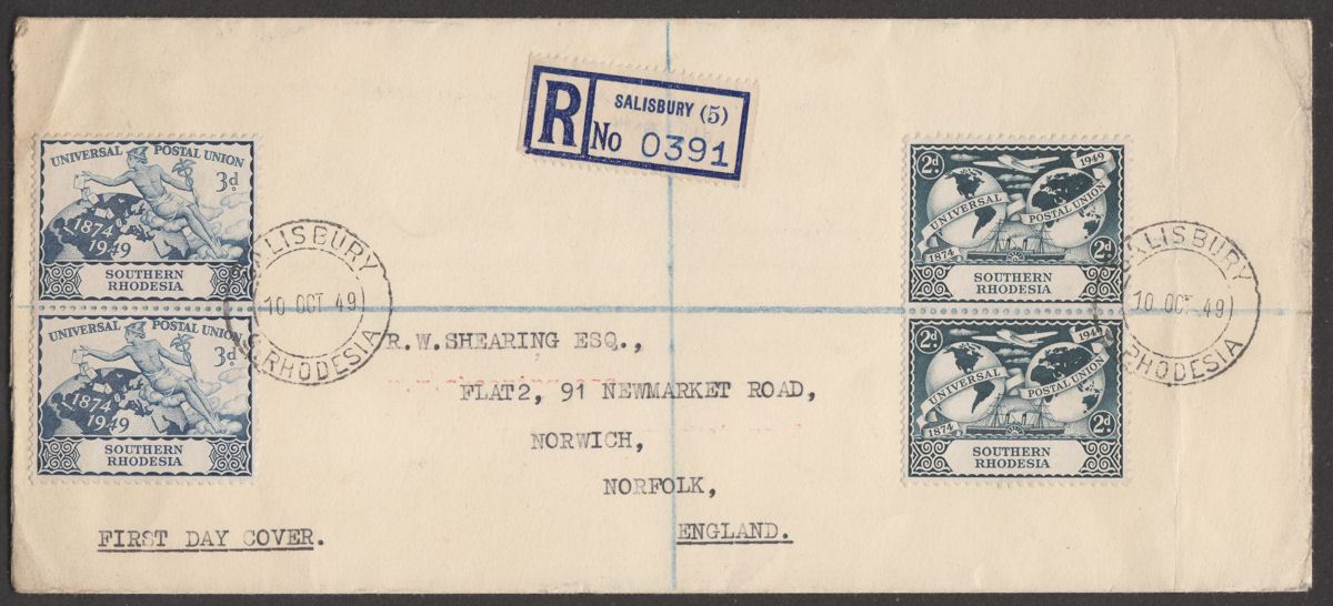 Southern Rhodesia 1949 KGVI UPU 2d, 3d Used on Registered First Day Cover to UK