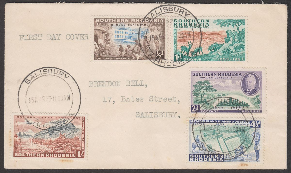 Southern Rhodesia 1953 Rhodes Centenary Set Used on Local First Day Cover