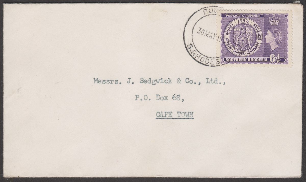 Southern Rhodesia 1953 Rhodes Centenary 6d First Day Cover Bulawayo to Cape Town