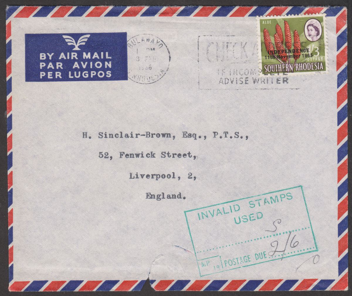 Rhodesia 1966 UDI 1sh3d Used on Airmail Cover to UK with Invalid Stamps Cachet