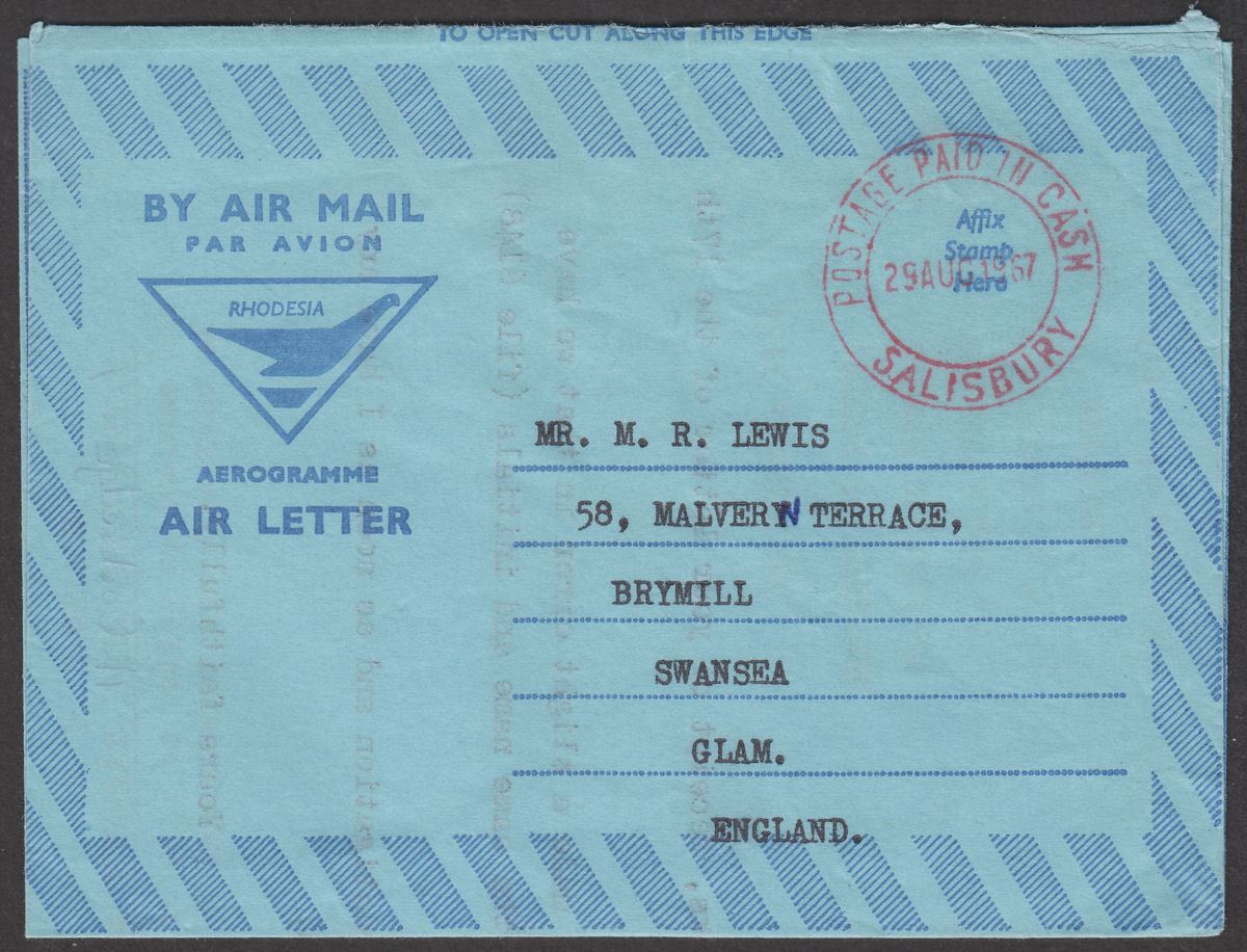 Southern Rhodesia 1967 Postage Paid In Cash Air Letter Used Salisbury to Wales