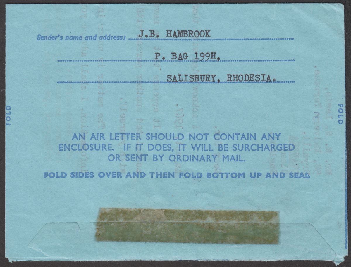 Southern Rhodesia 1967 Postage Paid In Cash Air Letter Used Salisbury to Wales