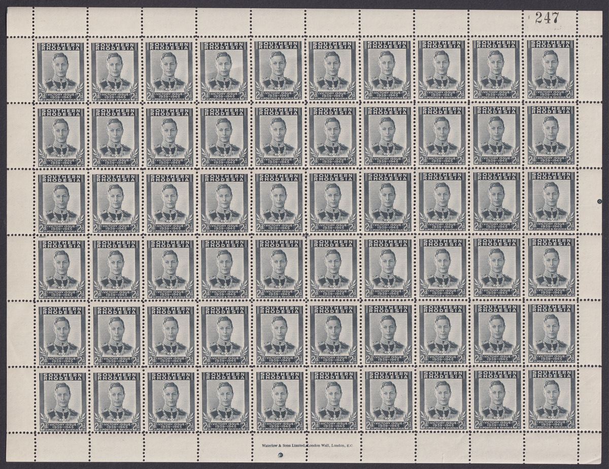 Southern Rhodesia 1947 KGVI Victory Full Sheet Part Set to 6d UM Mint SG65-67