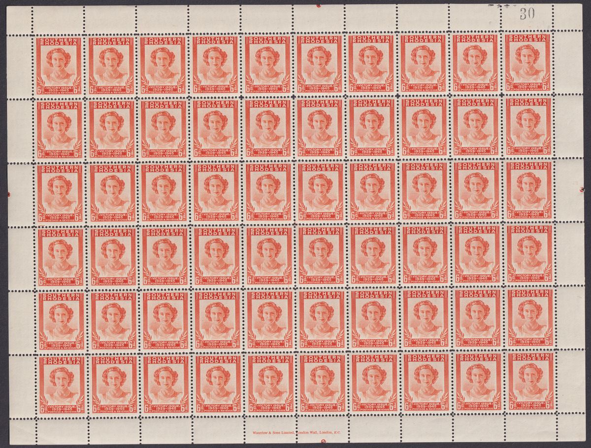 Southern Rhodesia 1947 KGVI Victory Full Sheet Part Set to 6d UM Mint SG65-67