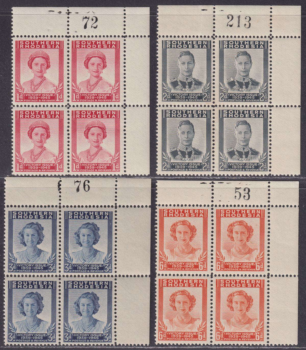 Southern Rhodesia 1947 KGVI Victory Sheet Number Block Set Mint SG64-67
