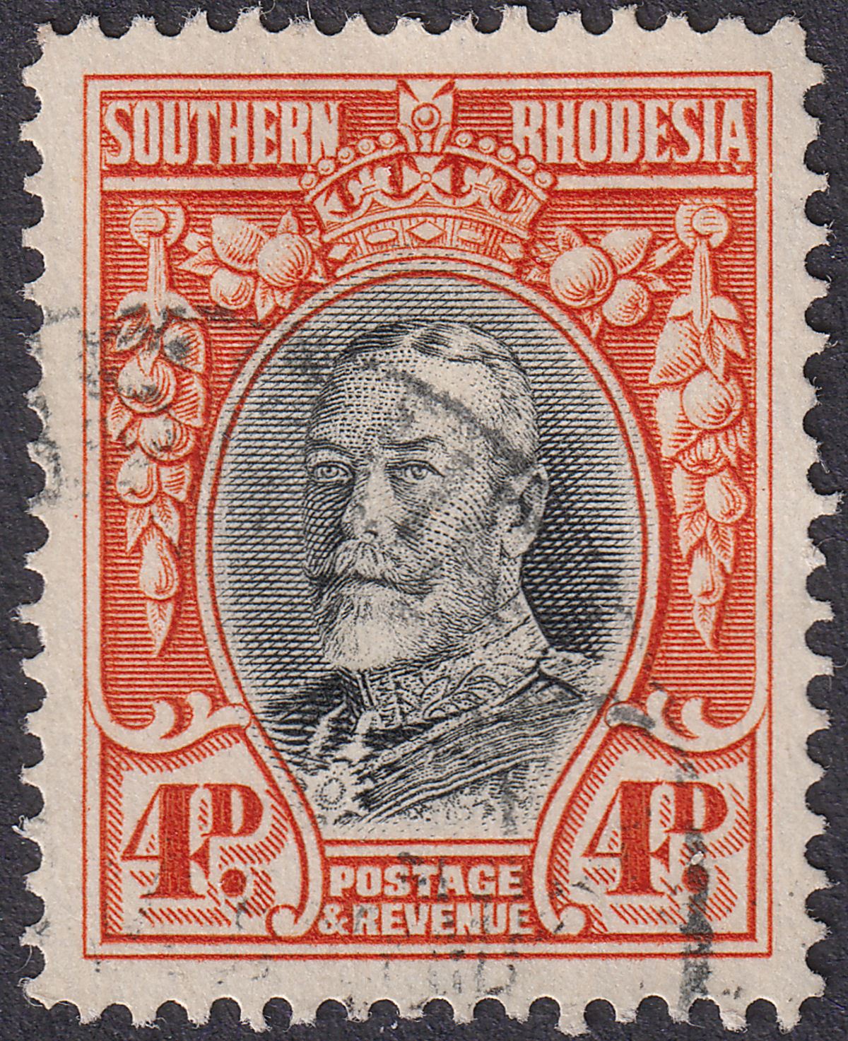 Southern Rhodesia 1937 KGV Field Marshal 4d Black + Verm p14 Used SG19b cat £80
