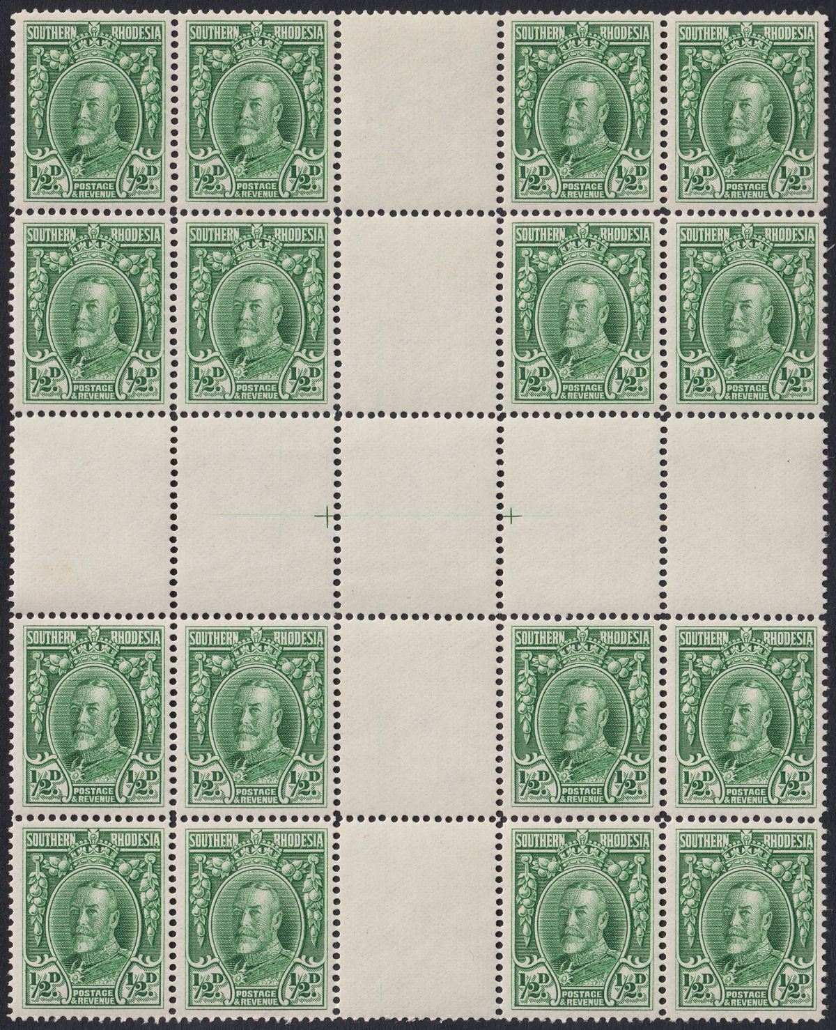 Southern Rhodesia 1935 KGV Field Marshal ½d p14 Interpanneau Block 16 Mint SG15b