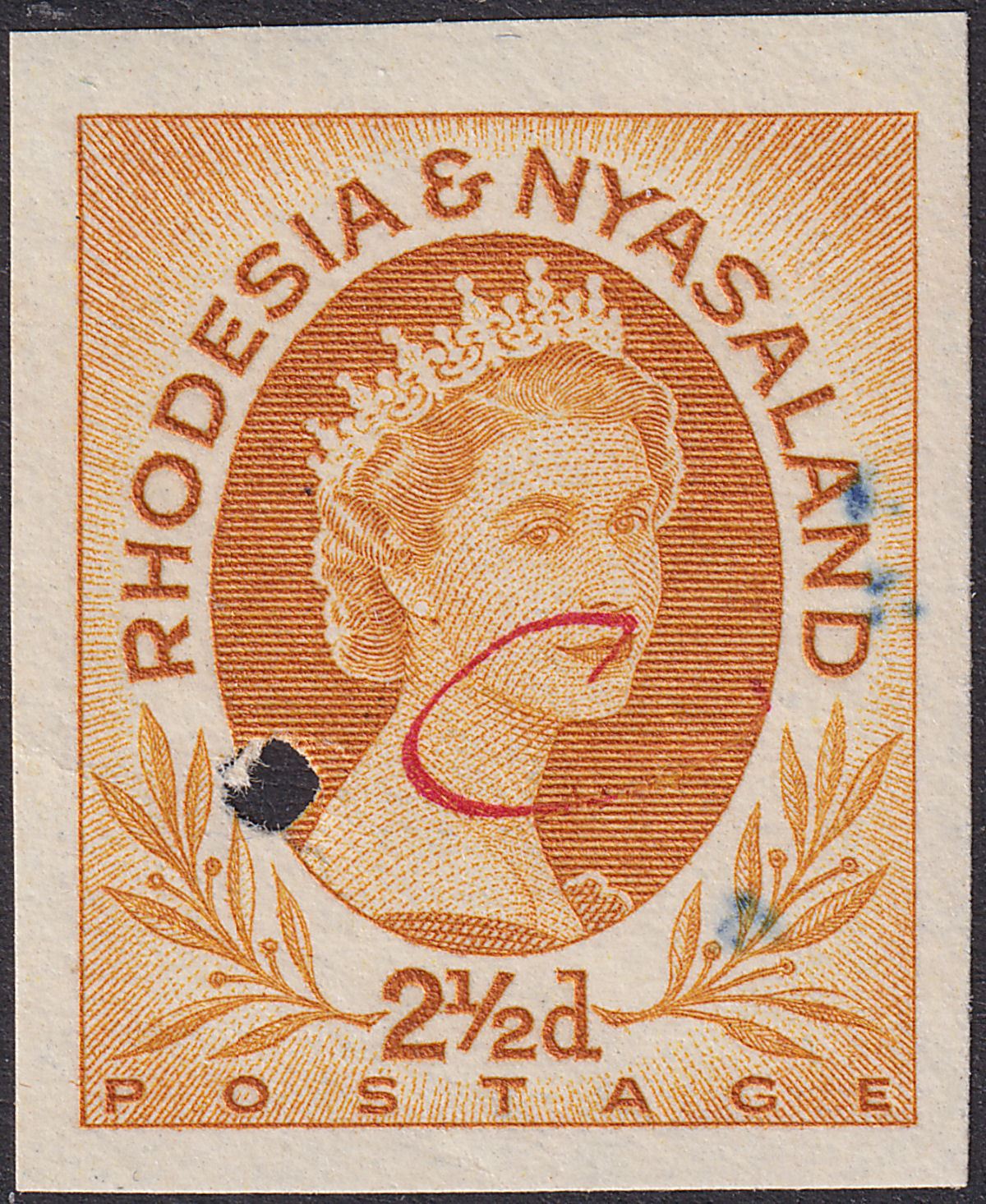 Rhodesia and Nyasaland 1956 QEII 2½d Ochre Imperf Printer's Working Proof