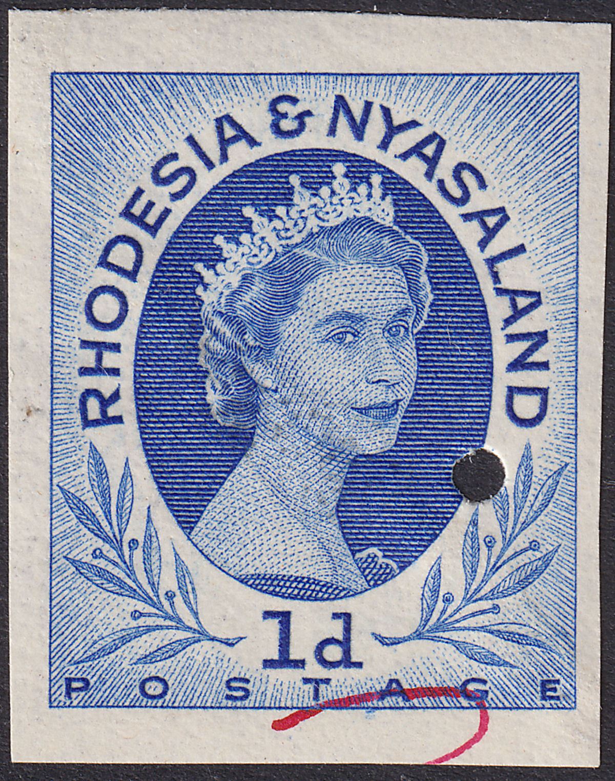 Rhodesia and Nyasaland 1954 QEII 1d Ultramarine Imperf Printer's Working Proof