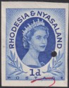 Rhodesia and Nyasaland 1954 QEII 1d Ultramarine Imperf Printer