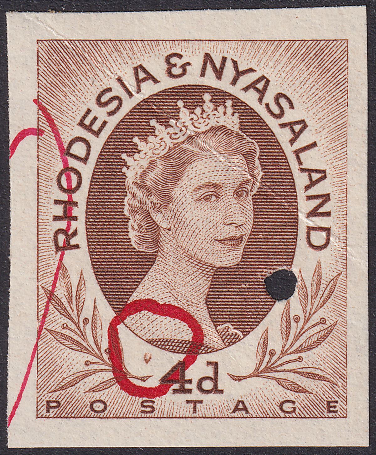Rhodesia and Nyasaland 1954 QEII 4d Red-Brown Imperf Printer's Working Proof