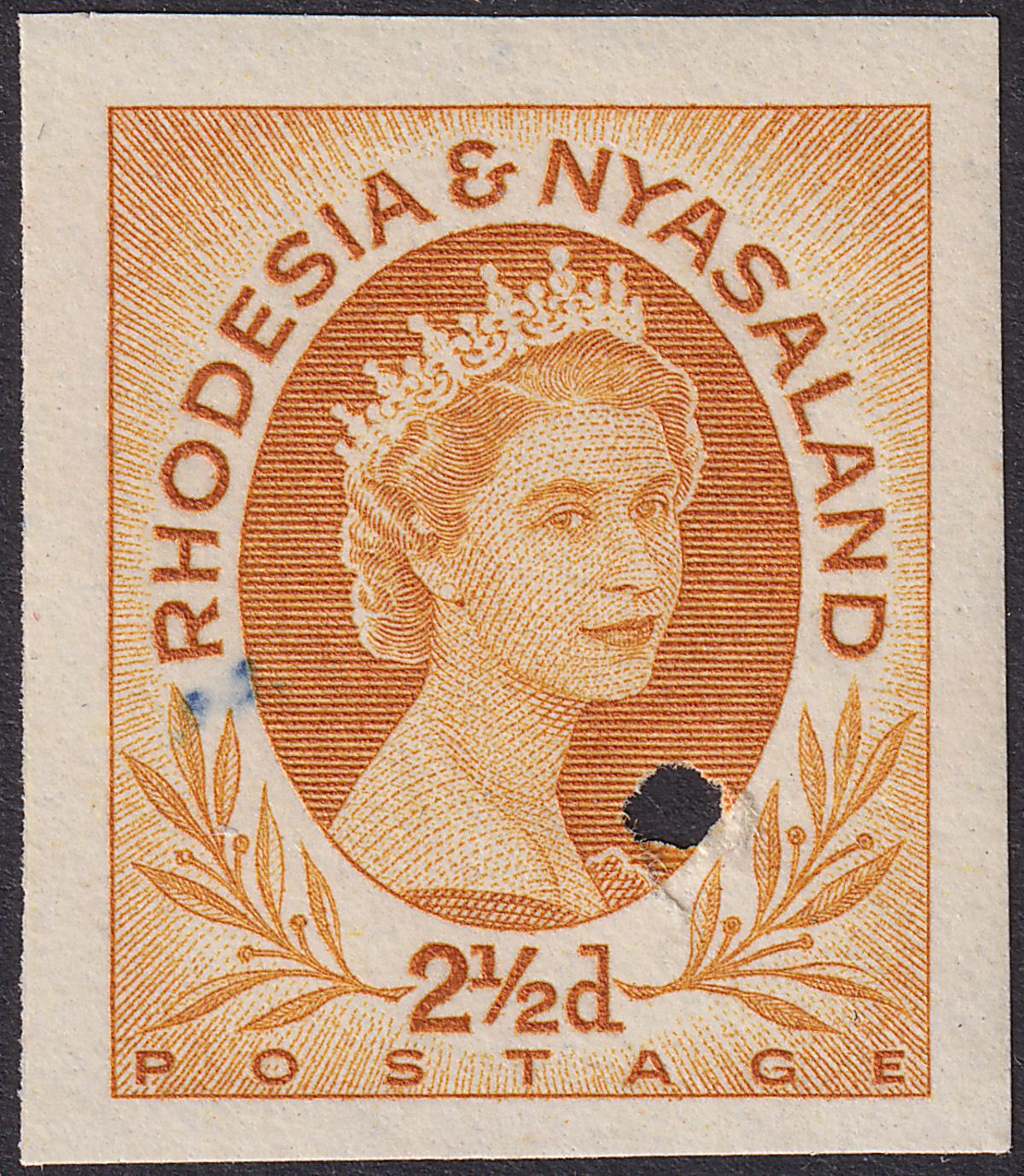 Rhodesia and Nyasaland 1956 QEII 2½d Ochre Imperf Printer's Proof SG3aP