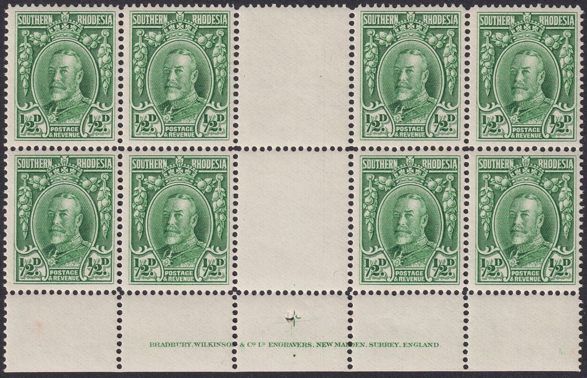 Southern Rhodesia 1935 KGV Field Marshal ½d p14 Imprint Block 8 Mint SG15b