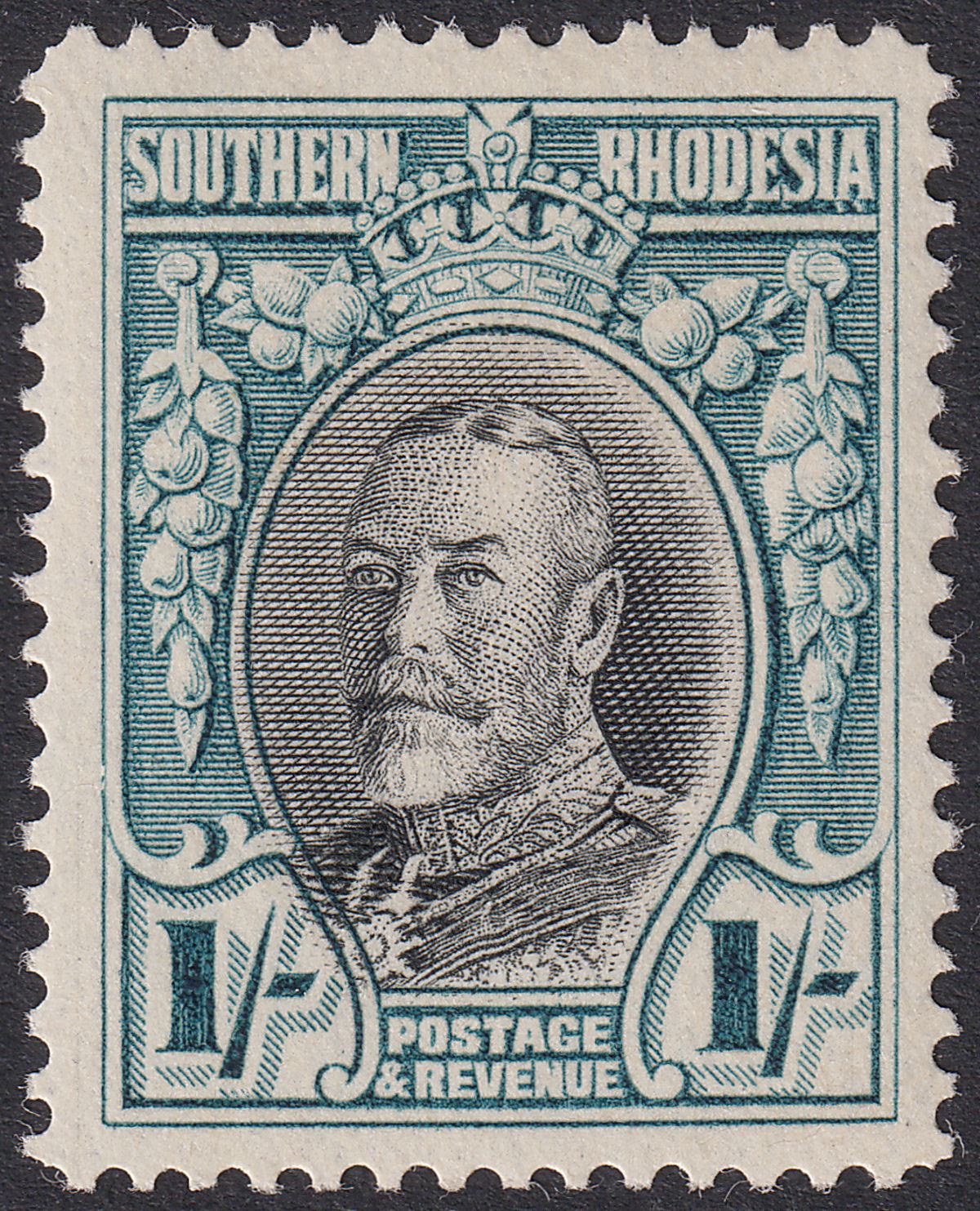 Southern Rhodesia 1937 KGV Field Marshal 1sh Blk + Grn Blue p14 Mint SG23b c£225