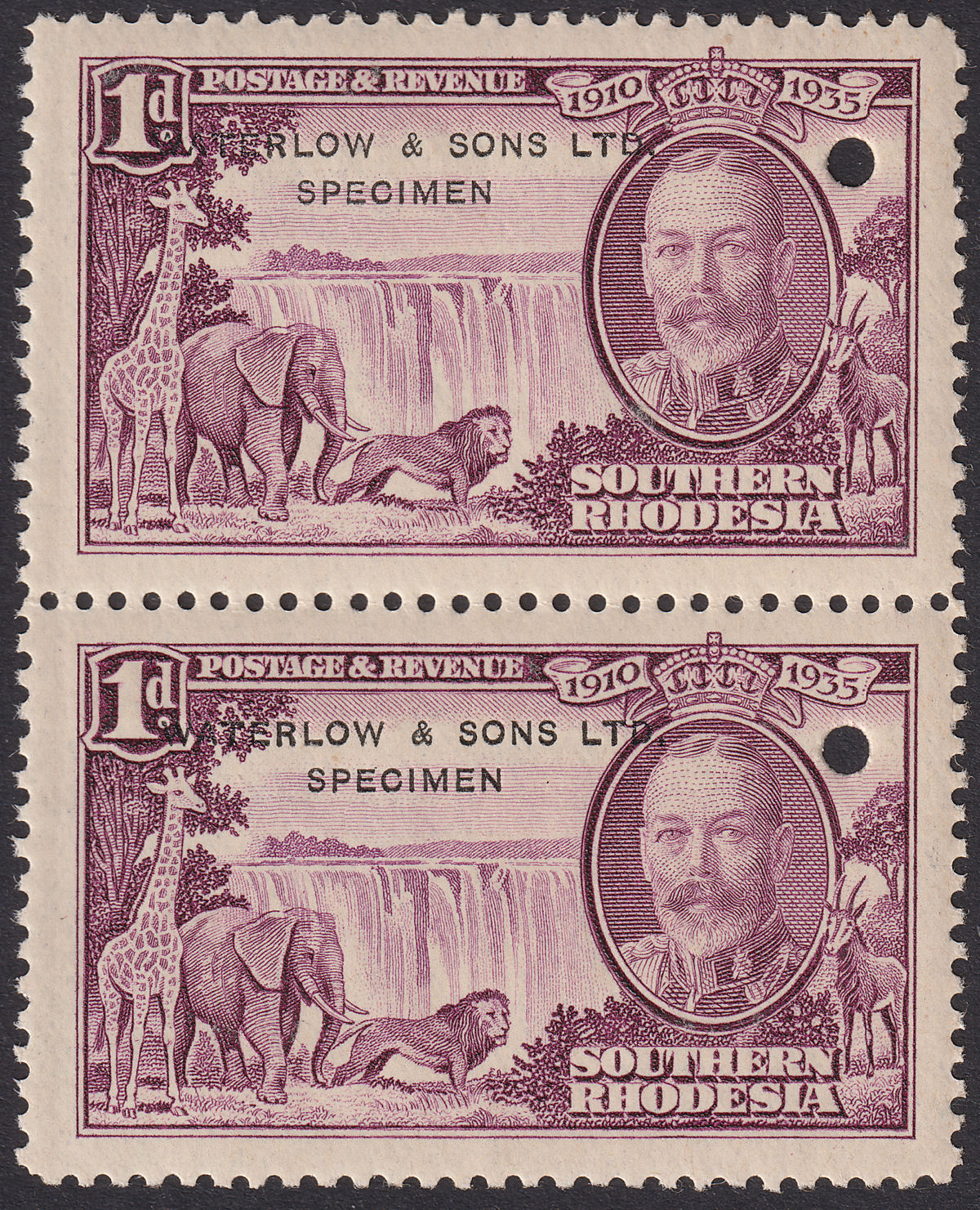 Southern Rhodesia 1935 KGV Silver Jubilee 1d Printer's SPECIMEN x2 Sample SG31PS