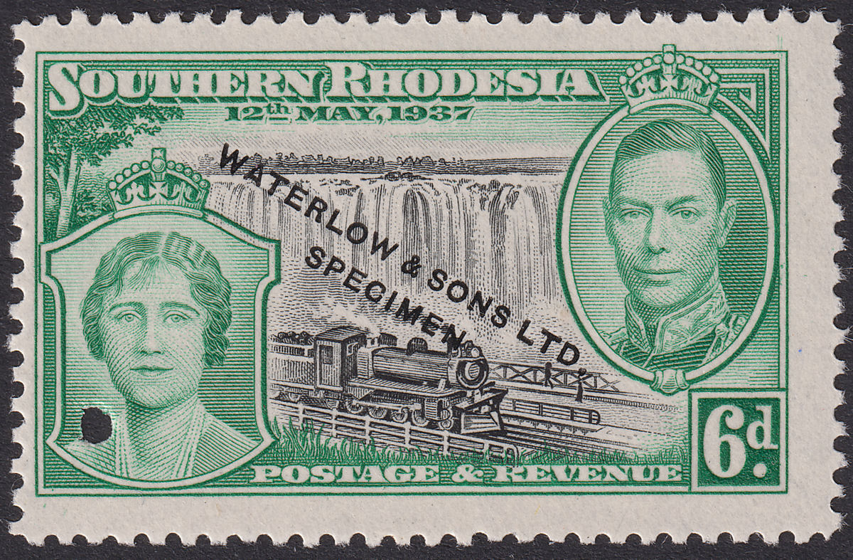 Southern Rhodesia 1937 KGVI Coronation 6d B + G Printer's SPECIMEN Sample SG39PS