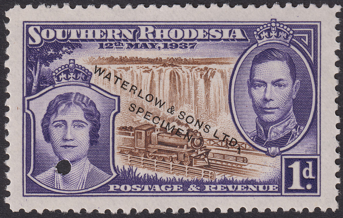 Southern Rhodesia 1937 KGVI Coronation 1d S + V Printer's SPECIMEN Sample SG36PS