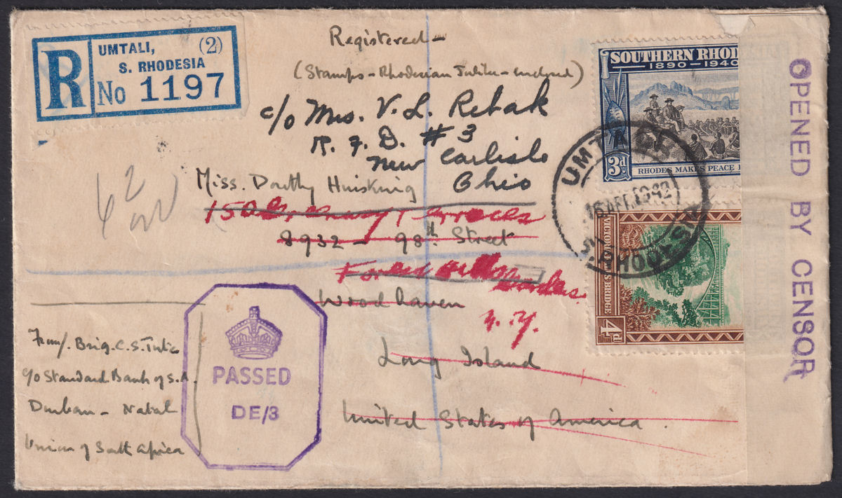 Southern Rhodesia 1942 KGVI 3d + 4d Used on Censored Redirected Reg Cover to USA