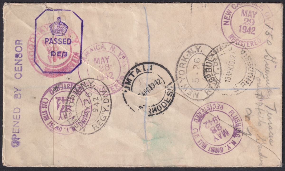 Southern Rhodesia 1942 KGVI 3d + 4d Used on Censored Redirected Reg Cover to USA