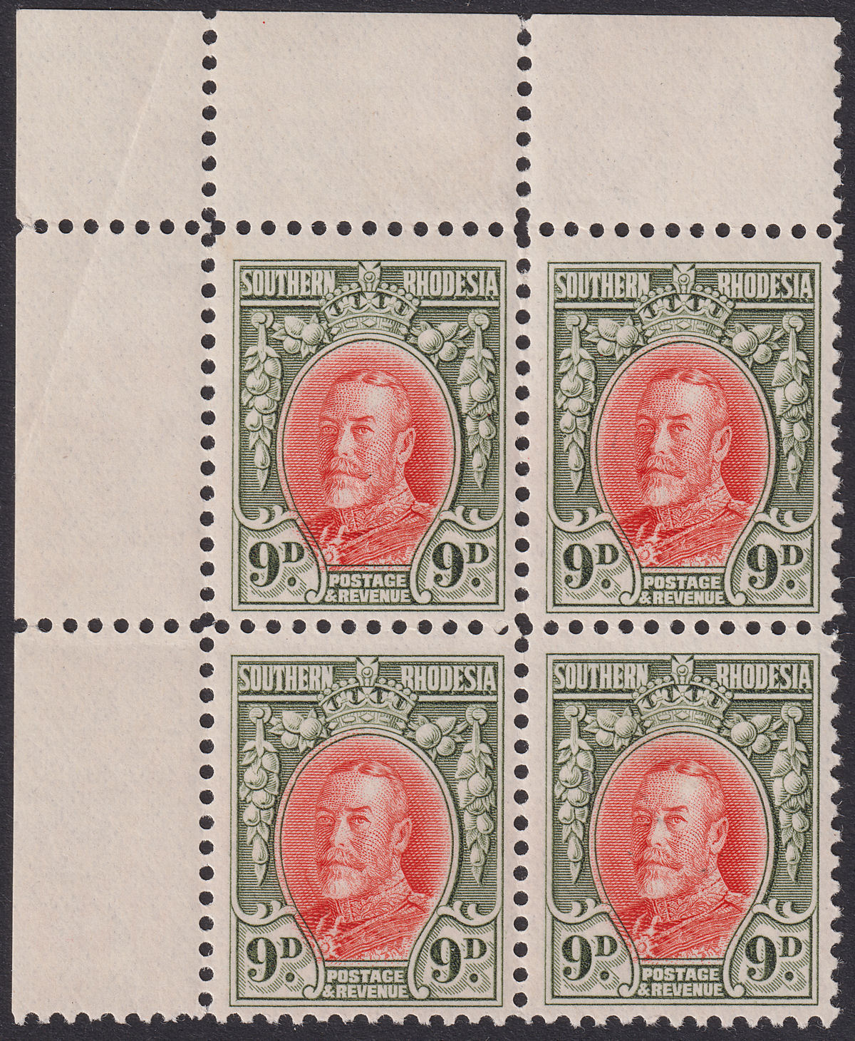 Southern Rhodesia 1934 KGV Field Marshal 9d Marginal Block of 4 Mint SG21b c£60