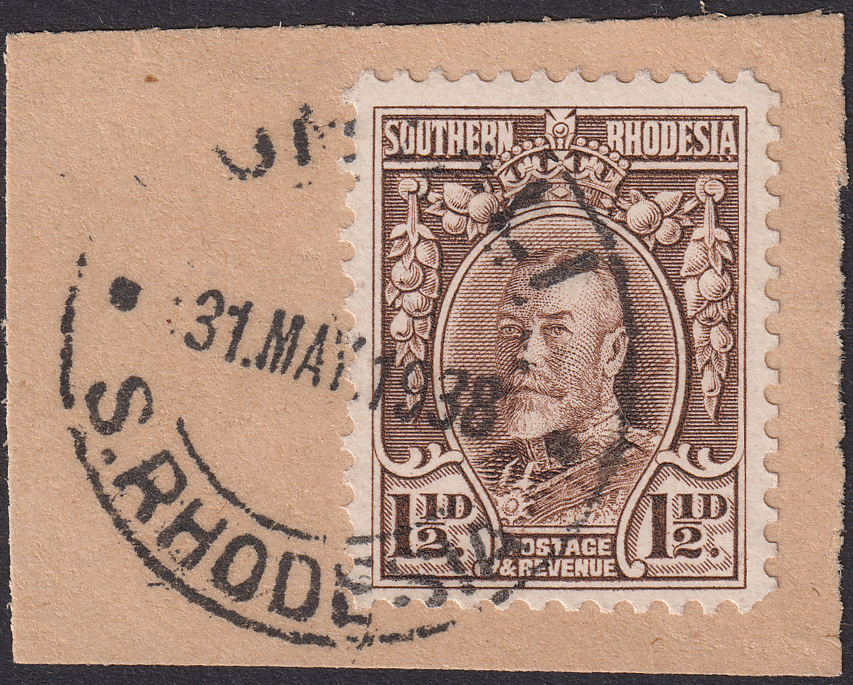 Southern Rhodesia 1933 KGV Field Marshal 1½d Chocolate p12 Used Piece SG16c c£50