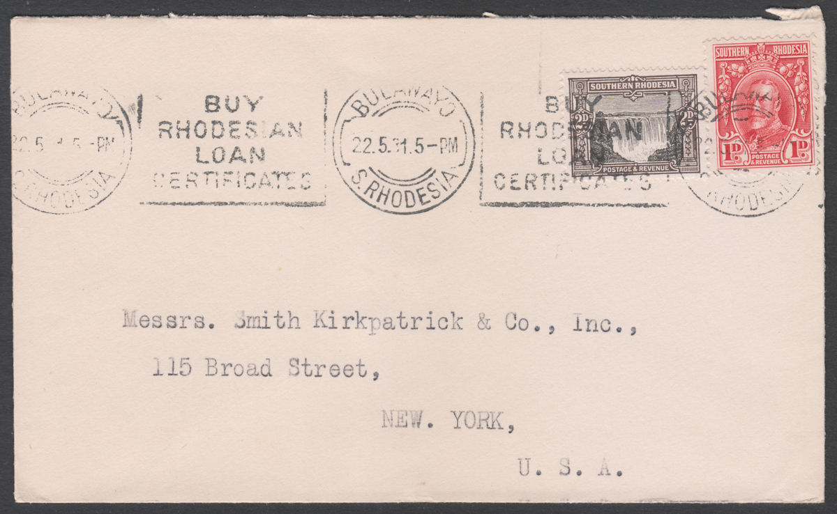 Southern Rhodesia 1931 KGV Falls 2d + 1d Used on Cover BULAWAYO to New York
