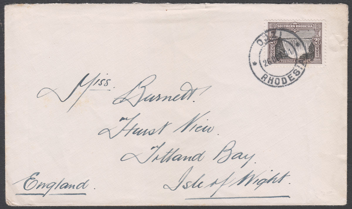 Southern Rhodesia 1931 KGV Falls 2d Used on Cover SG17 ODZI to Isle of Wight