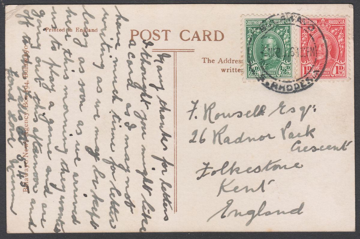Southern Rhodesia 1936 KGV 1d+½d Bulawayo Post Office Picture Postcard to Kent
