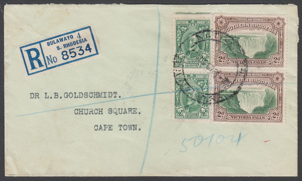 Southern Rhodesia 1936 KGV ½d x2 + 2d x2 Used on Registered Cover NATIVE CTR Pmk