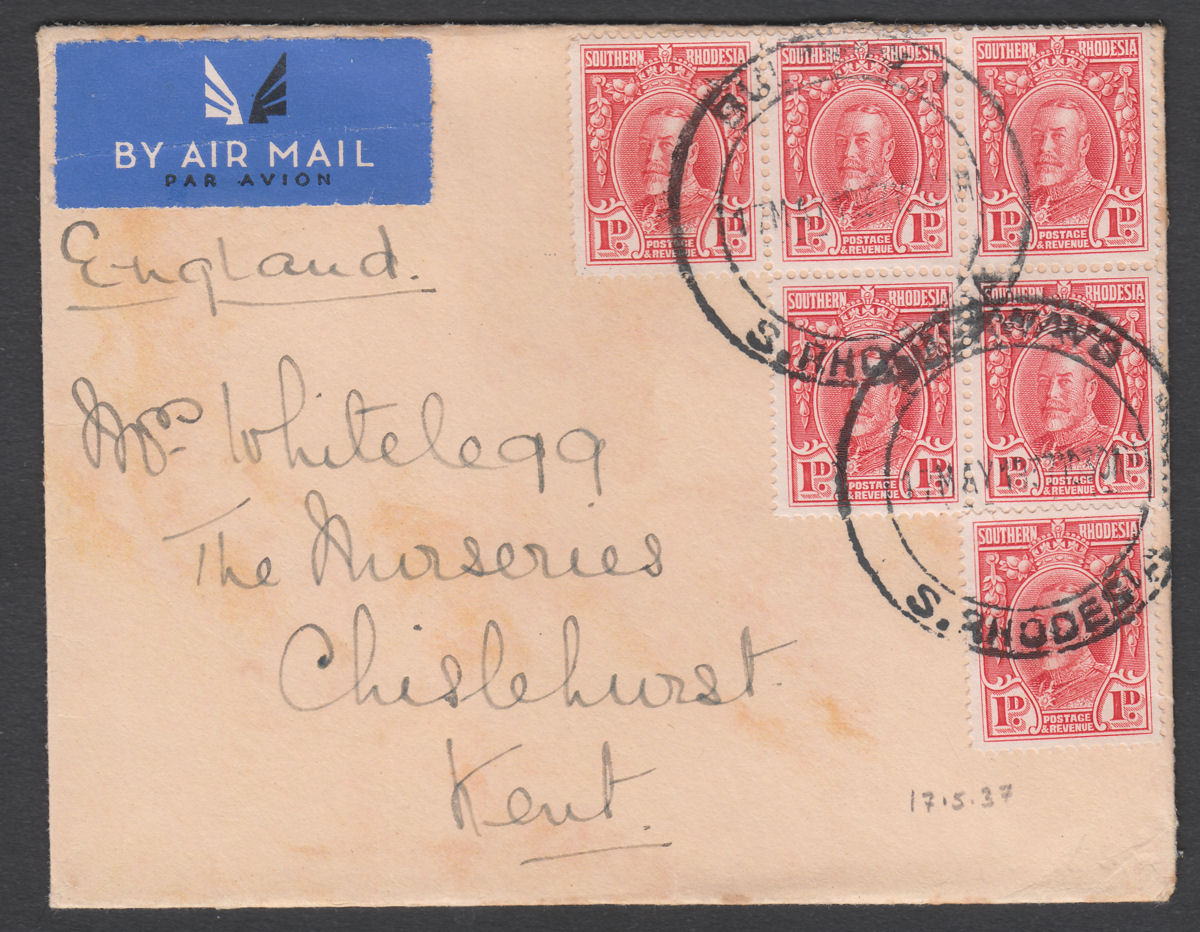 Southern Rhodesia 1937 KGV 1d x6 Used on Airmail Cover SG16b  BULAWAYO to Kent