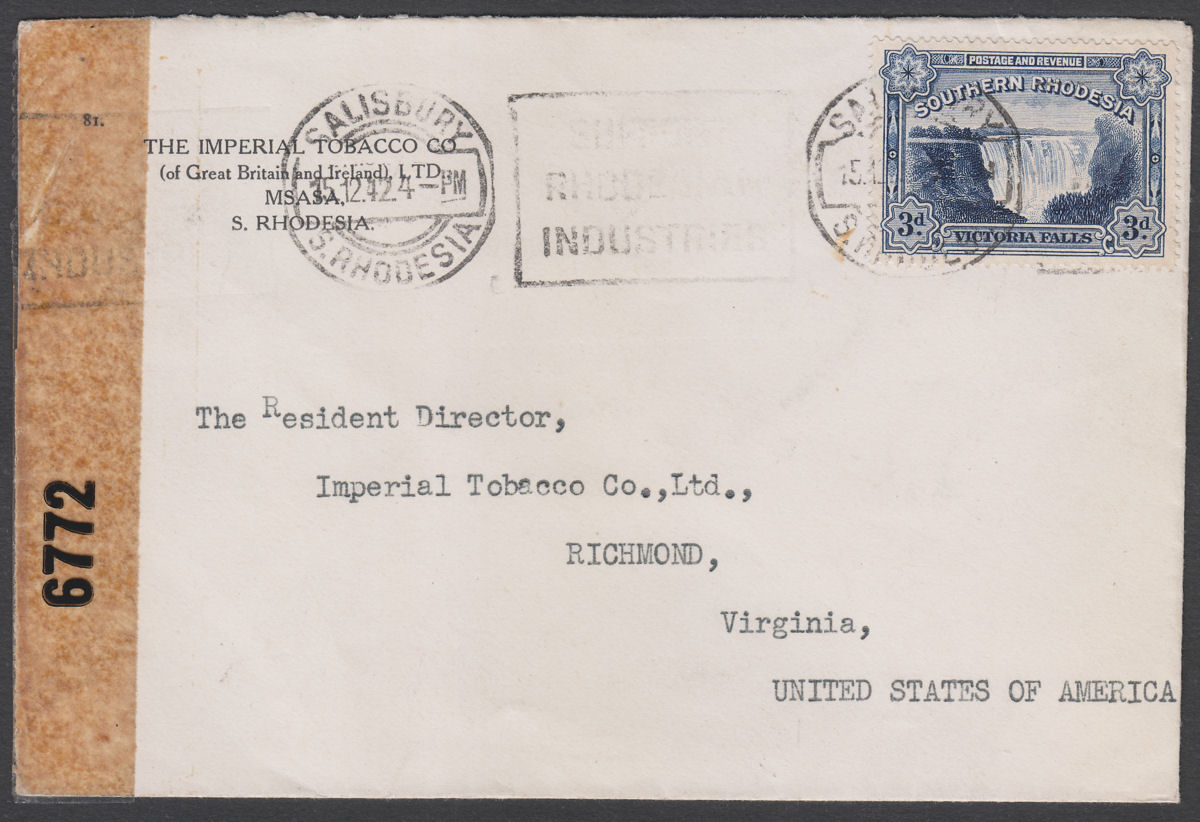Southern Rhodesia 1942 KGVI Falls 3d Used on Cover SALISBURY w Censor Tape