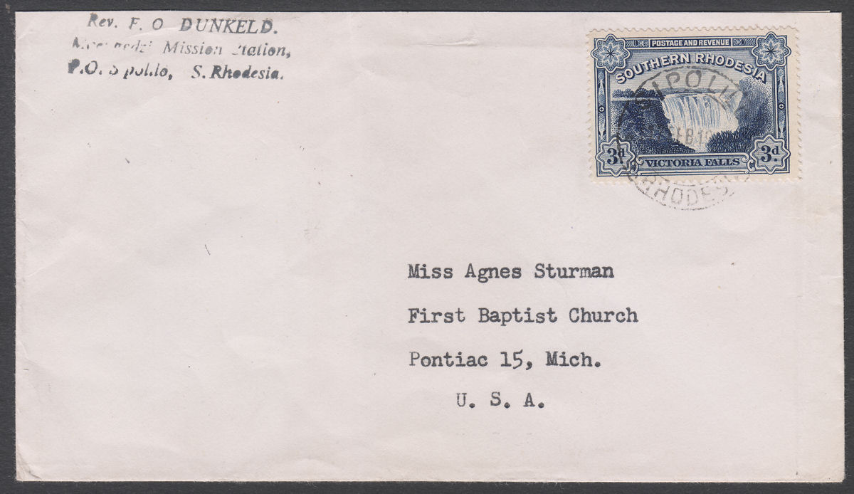 Southern Rhodesia KGVI Victoria Falls 3d Used on Cover SIPOLILO to USA