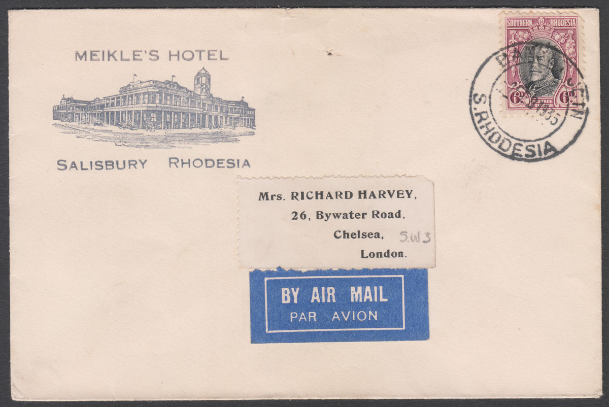 Southern Rhodesia 1935 KGV 6d Meikle's Hotel Illust Airmail Cover BANKET JCTN