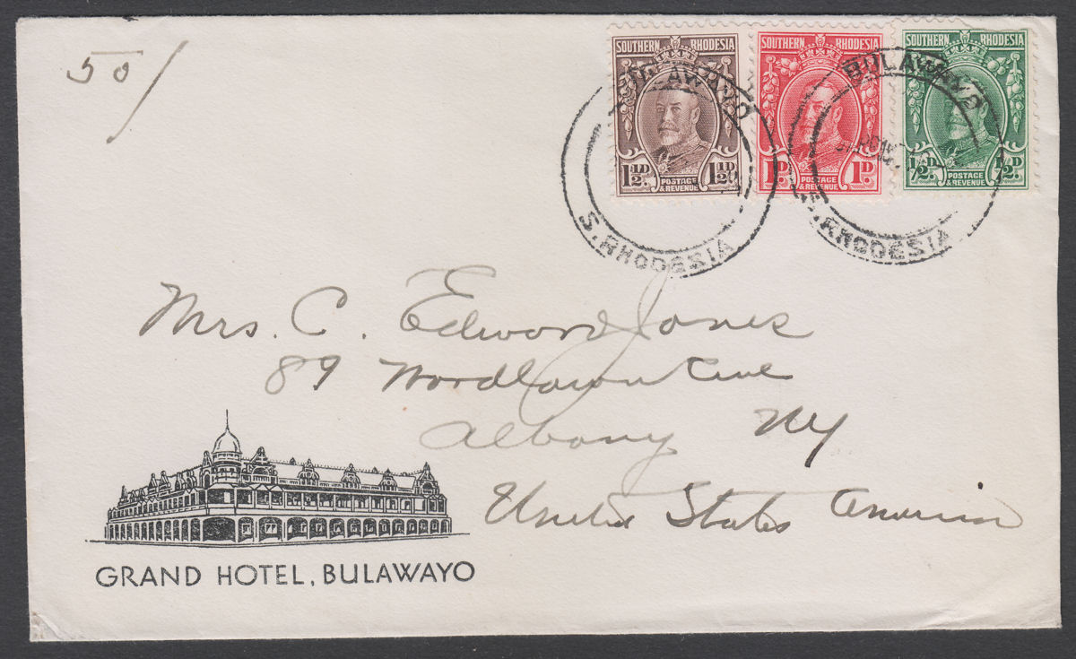 Southern Rhodesia KGV 1½d, 1d, ½d Used Grand Hotel Illustrated Cover BULAWAYO
