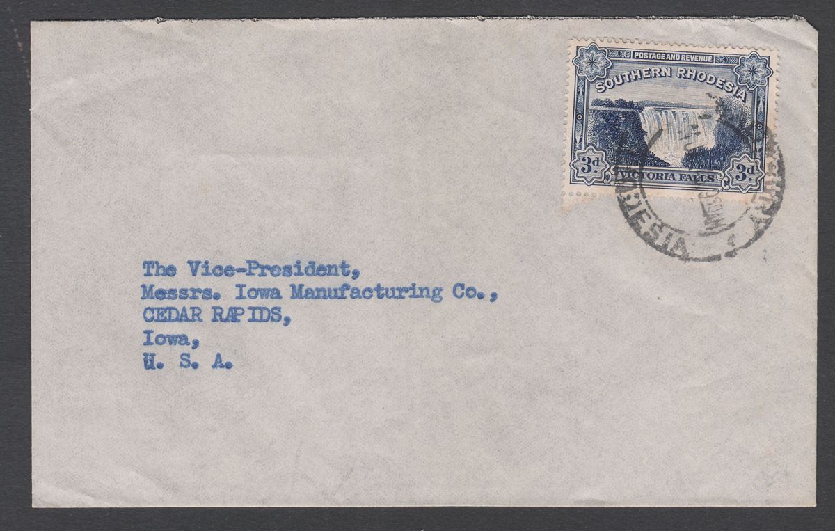 Southern Rhodesia 1943 KGVI Falls 3d Used on Cover SALISBURY