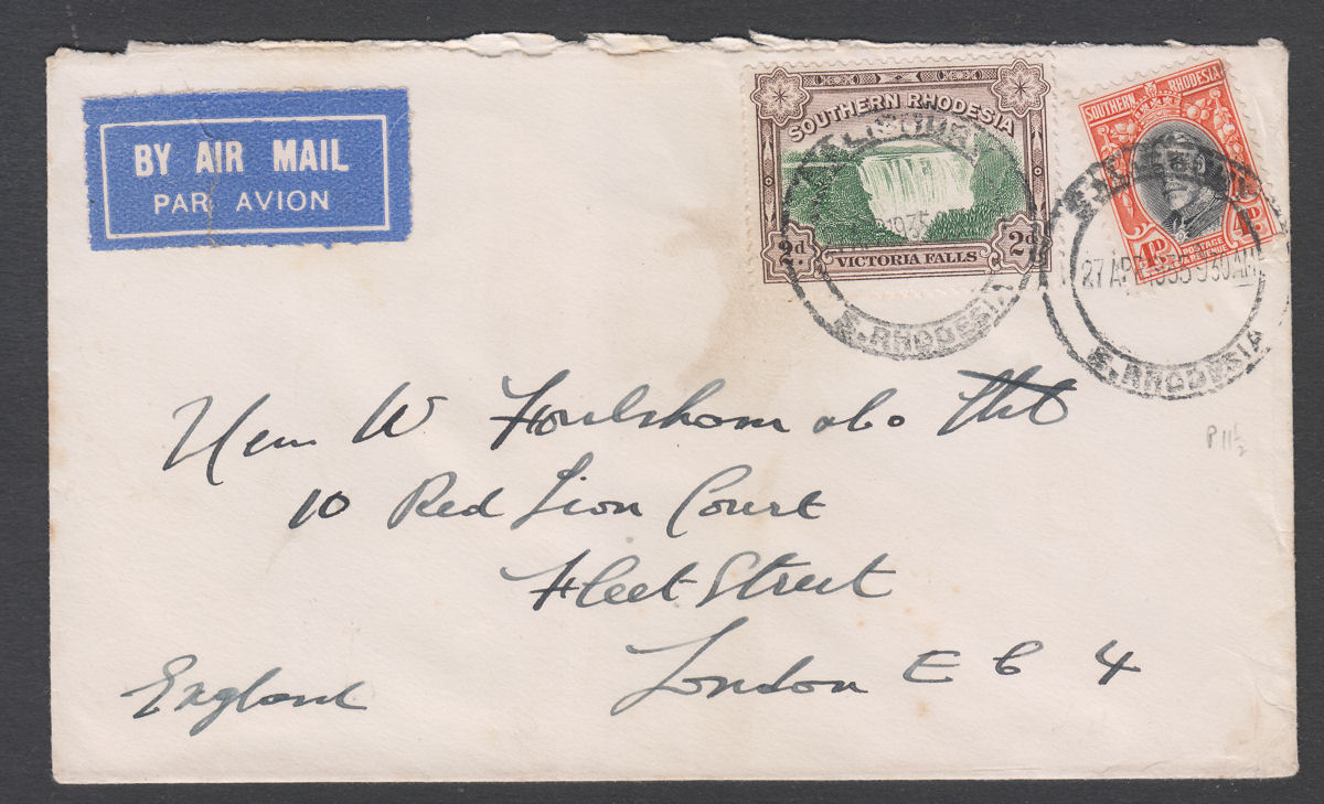 Southern Rhodesia 1935 KGV Field Marshal 4d + Falls 2d Used Air Cover SALISBURY