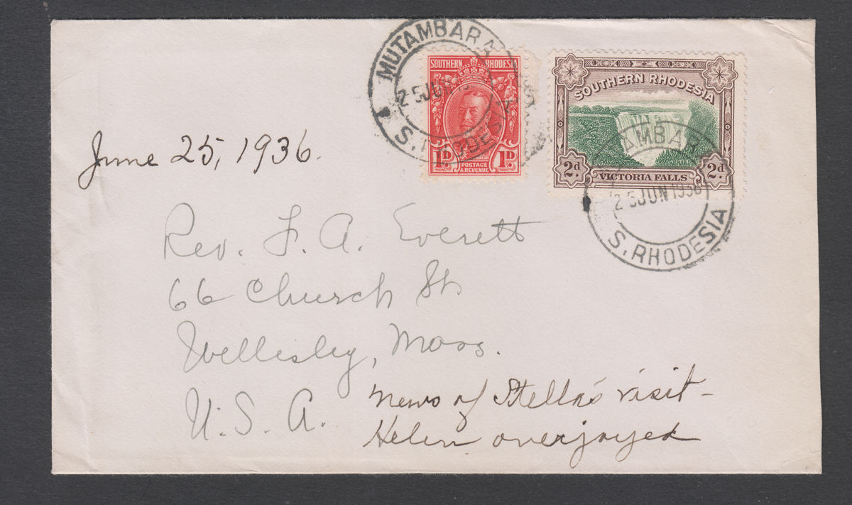 Southern Rhodesia 1936 KGV Falls 2d + Field Marshal 1d Used on Cover MUTAMBARA