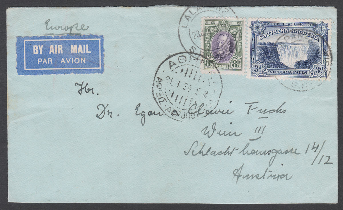 Southern Rhodesia 1934 KGV 8d + Falls 3d Used Air Cover LALAPANZI to Austria