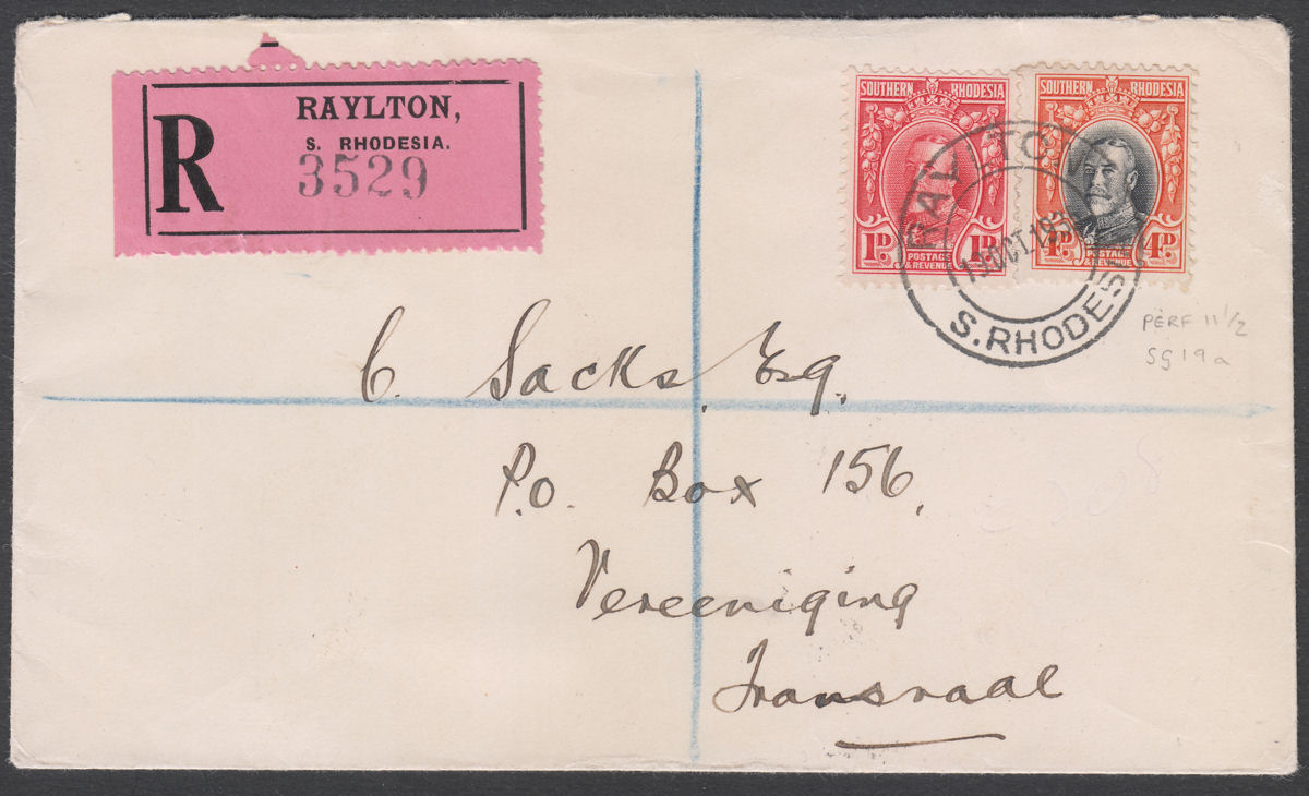Southern Rhodesia 1935 KGV Field Marshal 4d+1d Used Reg Cover RAYLTON Transvaal