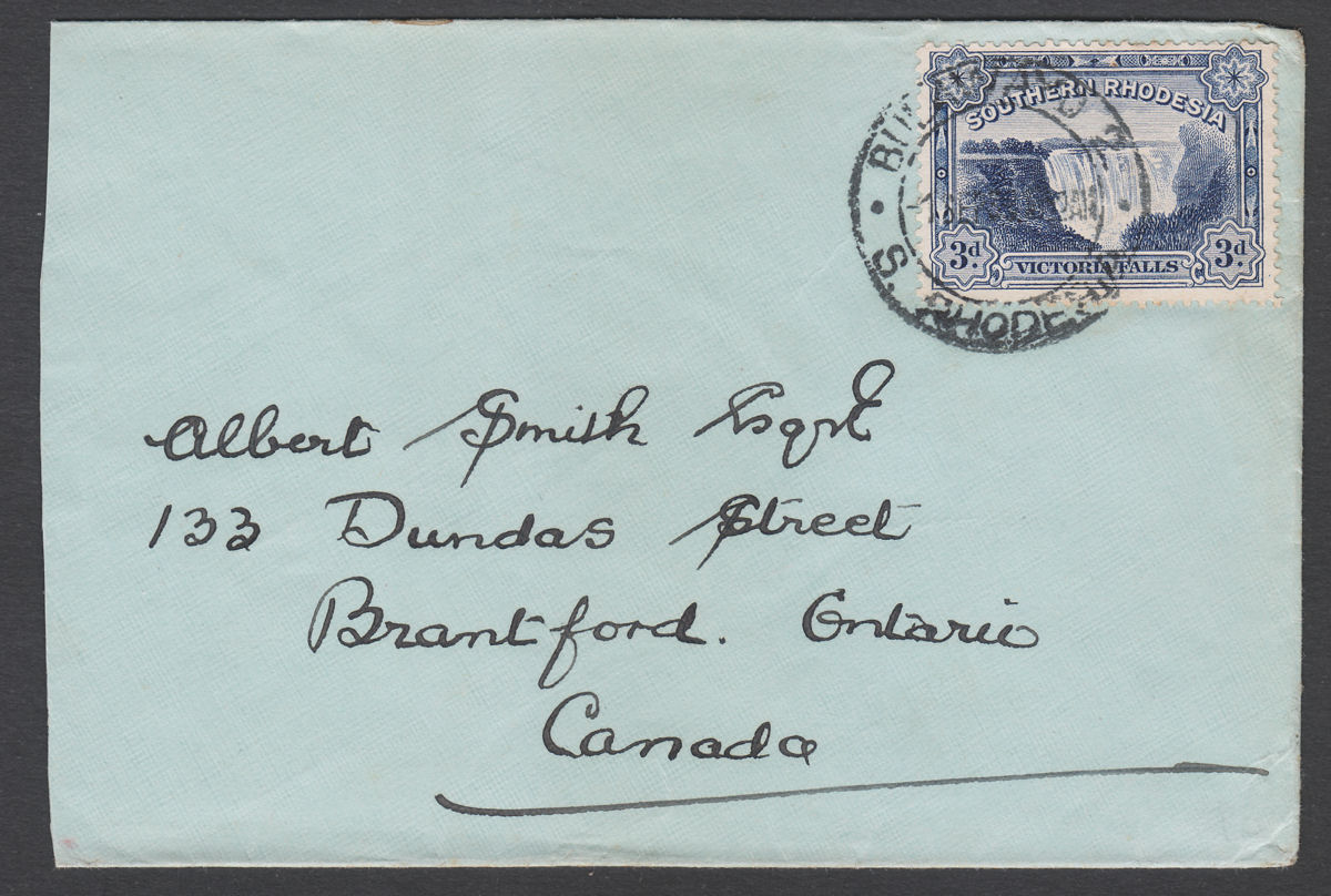 Southern Rhodesia 1938 KGV Victoria Falls 3d Used on Cover BULAWAYO to Canada