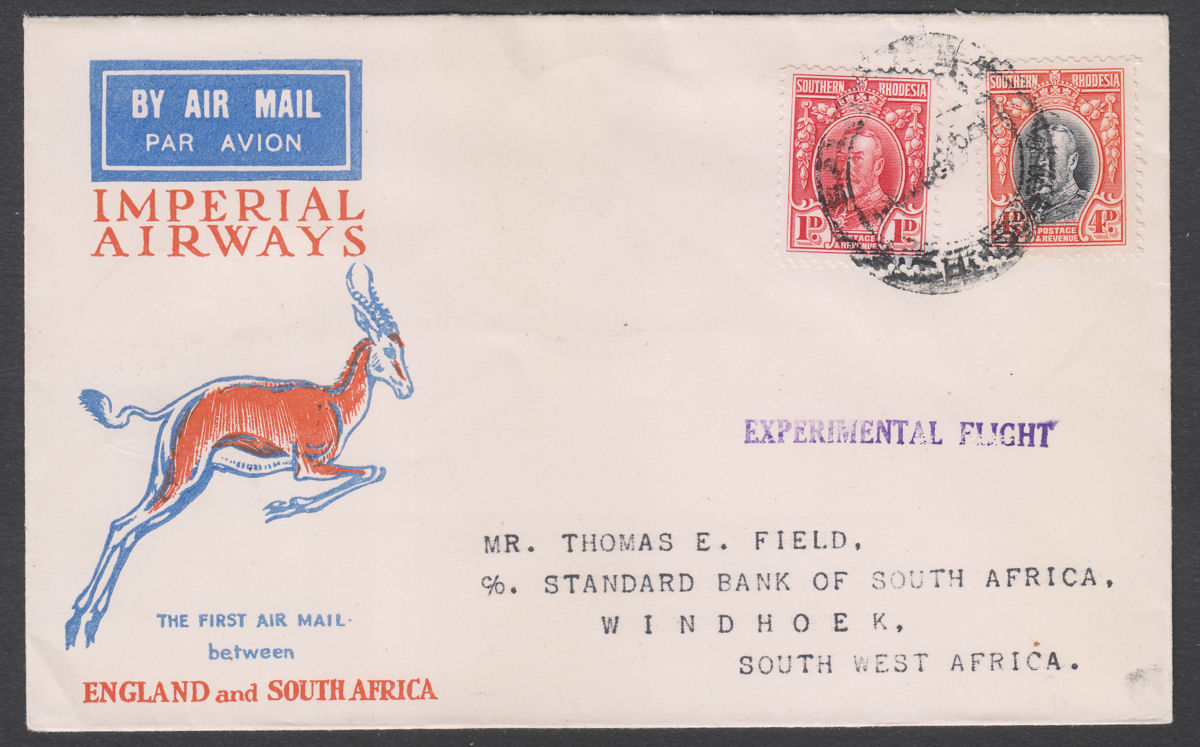 Southern Rhodesia 1931 KGV 4d+1d Experimental First Flight Cover Used Windhoek