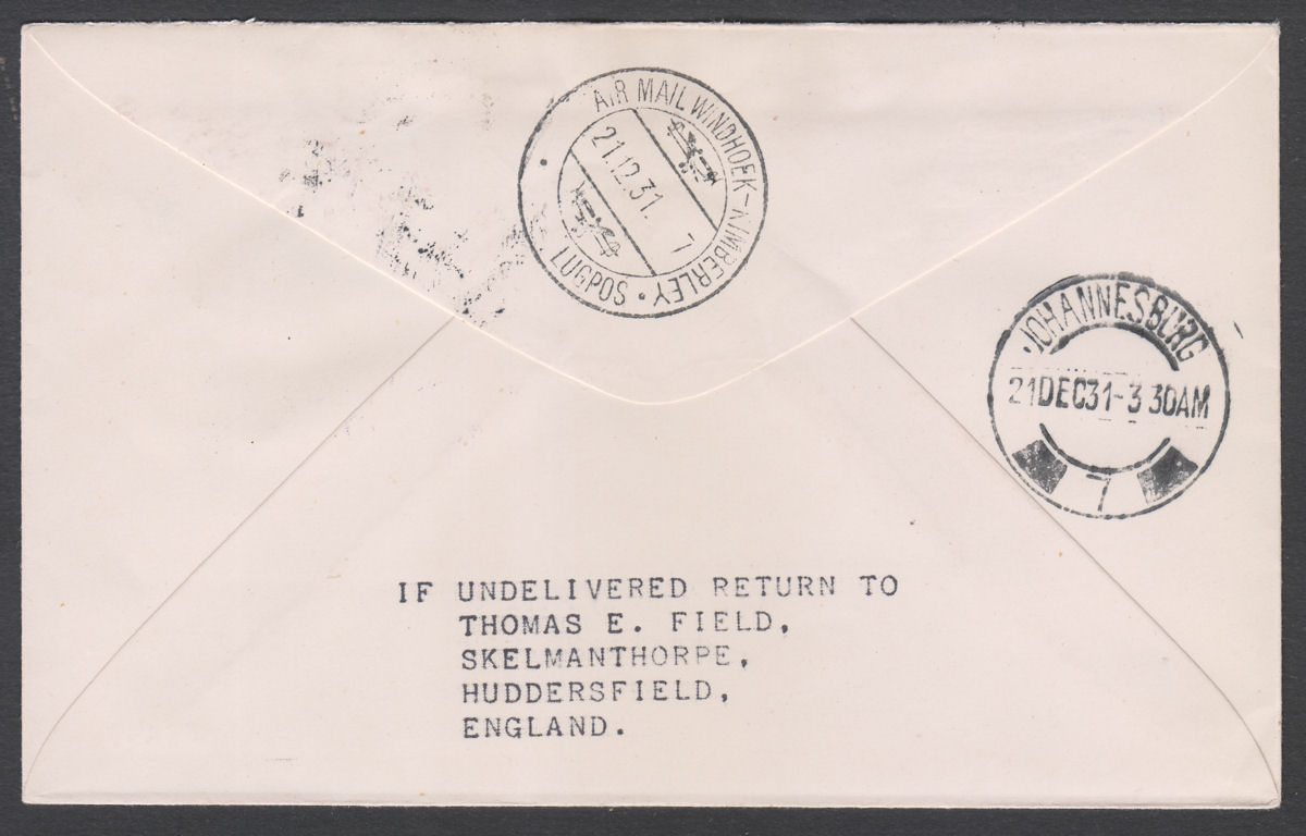 Southern Rhodesia 1931 KGV 4d+1d Experimental First Flight Cover Used Windhoek