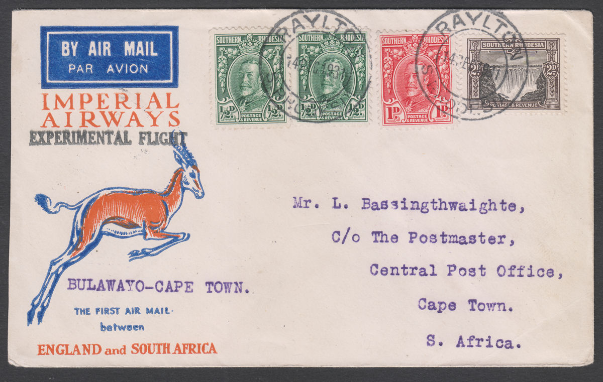 Southern Rhodesia 1931 KGV 2d 1d ½d Experimental First Flight Cover Used RAYLTON