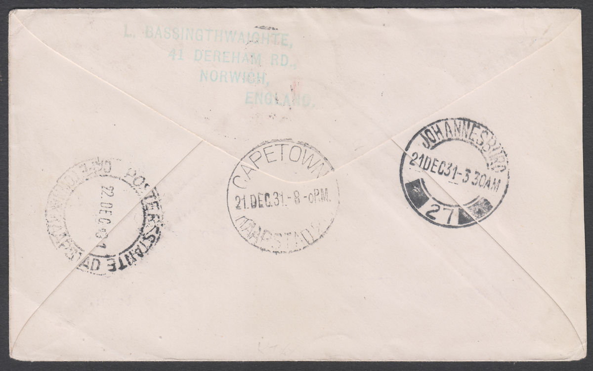 Southern Rhodesia 1931 KGV 2d 1d ½d Experimental First Flight Cover Used RAYLTON